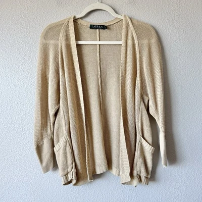 Suéter Cárdigan Lauren Ralph Lauren Mezcla de Lino Talla XS Tostado Bolsillos Tejidos Abiertos Foto 1 de 4
