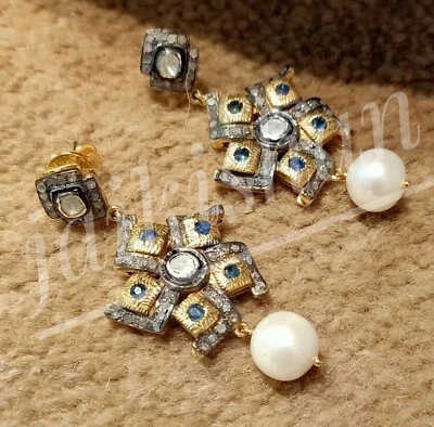 Orecchino In Gemma Di Perla Blu Zaffiro In Argento 925 Con Diamante Polki - Immagine 1 di 4