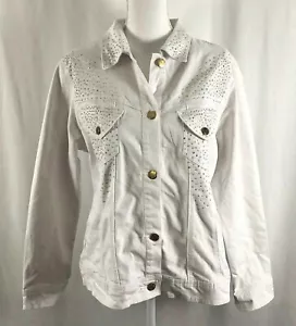 Diane Gilman Womens Denim White Jacket Gold Silver Beads Ramie Cotton Large - Picture 1 of 10