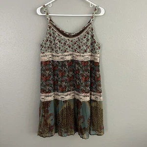 American Rag Tiered Crinkle Mini Dress Size M Lace Trim Boho Multi Print Floral - Picture 1 of 8