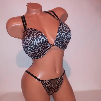 Conjunto de Sutiã Victoria Secret 38D Push Up XL Calcinha Atrevida Leopardo Preto Bege Frente Cl - Imagem 1 de 4