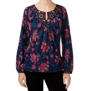 Lucky Brand Damen Katie Blumendruck Häkel Bauern Top Medium Navy Rosa Neu - Bild 1 von 3