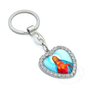 Llavero del Sagrado Corazón de Jesús - Colgante en forma de corazón con incrustaciones de diamantes de imitación - Imagen 1 de 4