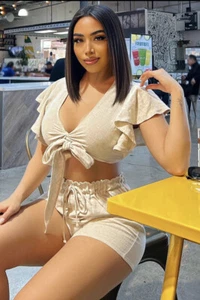 Fashion Nova NWT NEW RARE 2pc Sexy Set Linen Rayon Knit Ruffle Crop Top Shorts S - Picture 1 of 5
