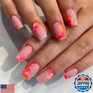 Hot Pink Press on Nails Medium Square Fake Nails Marmor Falsche Nägel mit Desi - Bild 1 von 5