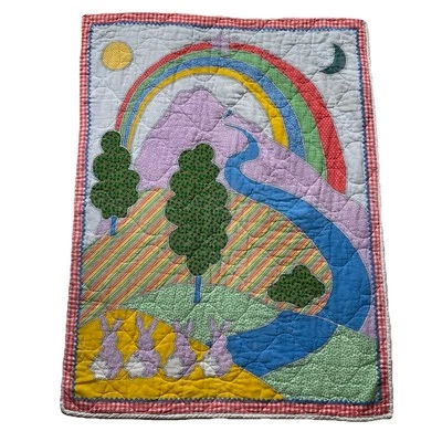 Baby Crib Quilt Blanket Colorful Calico Bunny Rainbow Trees 1970s 33x43” - Image 1 of 4