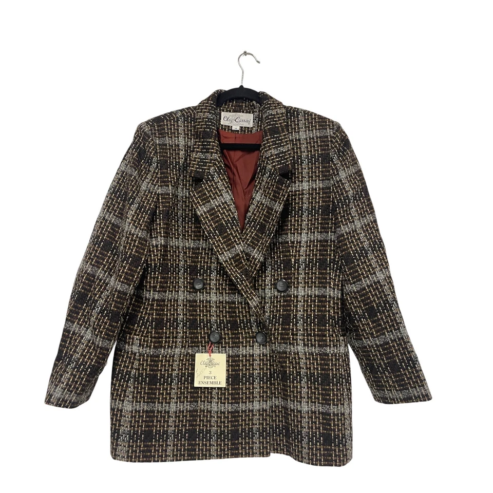 Vinatge Oleg Cassini Mujer Blazer Traje Abrigo Guisante Talla 14 Marrón Lana a Cuadros Nuevo con Etiquetas Foto 1 de 4