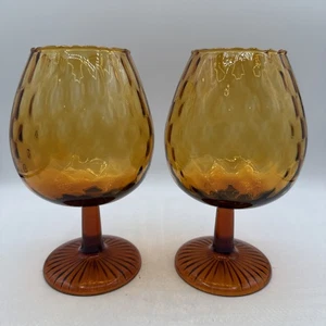 2 Vintage MCM Empoli Diamond Optic Amber Glass Brandy Snifter Vase Italy - Picture 1 of 19