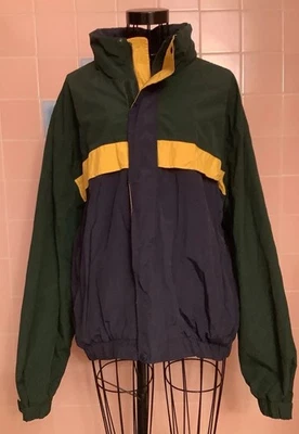 Casaco de chuva vintage masculino Eddie Bauer nylon grande azul marinho Dk verde ouro - Imagem 1 de 4