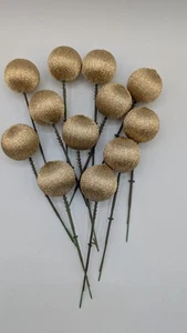 NOS Pack of 12 Vintage Satin Christmas Gold Tinsel Ball Picks Floral Craft - Picture 1 of 6