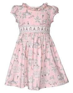 NEW Bonnie Jean Girls Size 5 "PINK PARIS PRINT" Eiffel Poodle Smocked Dress NWT - Picture 1 of 5