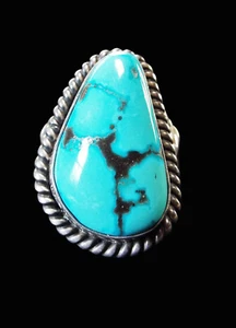 Turquoise and Sterling Ring with Rope - Navajo Handmade - Picture 1 of 7
