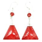 925 Silver Earrings Triangle Double Drop Red Coral Imitation