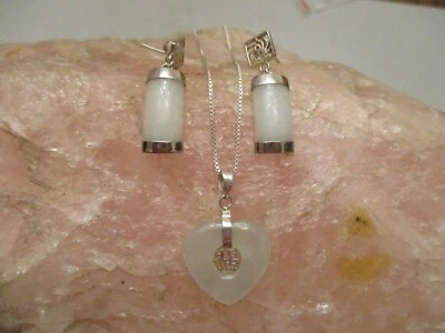 Sterling Silver Pale Green Jadeite, Asian Inspired Necklace & Earring Set. - Image 1 of 4