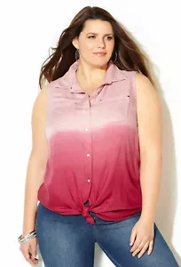 Avenue Dip Dye Tie Front Sleeveless Blouse ~ Button Down Tank Pink 14/16 - Picture 1 of 2
