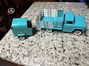 Vintage Structo FARMS STAKE BED TRUCK AND 2-STALL HORSE TRAILER Teal Light Blue - Picture 1 of 15
