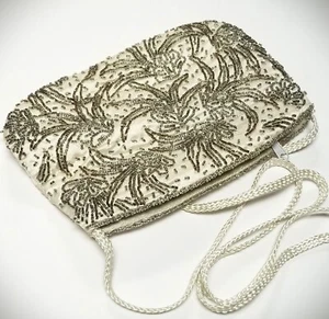 Glass Beaded Satin Clutch Purse Evening Bag Cream Silver Zippered Vintage - Picture 1 of 13