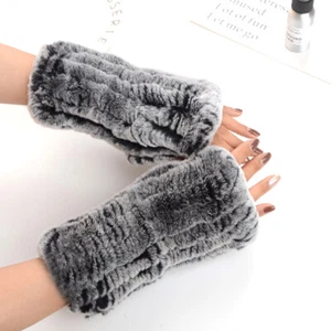 Womens Real Rabbit Rex Fur Knitted Fingerless Elastic Gloves Wrist Warm Mittens - Picture 1 of 24