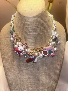 Betsey Johnson Necklace Jingle Bell XMAS Charms Faux Pearl Snowman NWT $148 - Picture 1 of 8