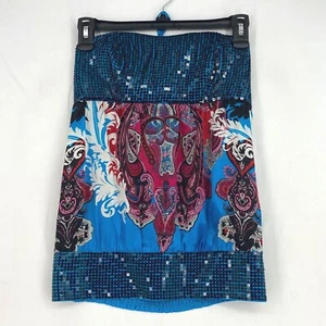 2b Bebe Womens XS Strapless Top 100% Silk Turquoise Blue Pink Paisley Sequined - Picture 1 of 7