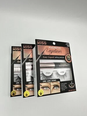 3 pk Kiss Magnetic Eyelashes & Liquid Eyeliner CHARM Faux Mink #97381 NEW SEALED - Image 1 of 4
