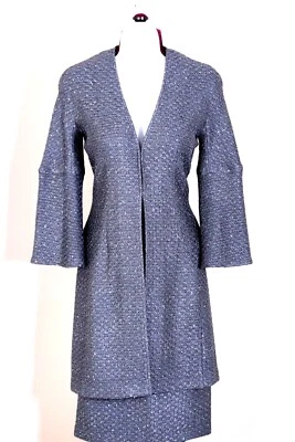 ST.JOHN Mujer Tweed 2 Piezas Azul Gris Lentejuelas Brillo Topper Chaqueta Larga Falda Talla 2 Foto 1 de 4