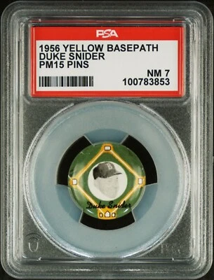 1956 Yellow Basepath Baseball Pin DUKE SNIDER Brooklyn Dodgers PSA 7 NEAR MINT - Image 1 of 2