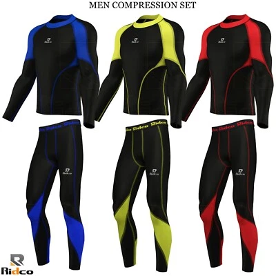 Ridco Men Compression Shirts+Tights Set Yoga Shirt Gym Fitness Top Exercise Pant - Image 1 of 2