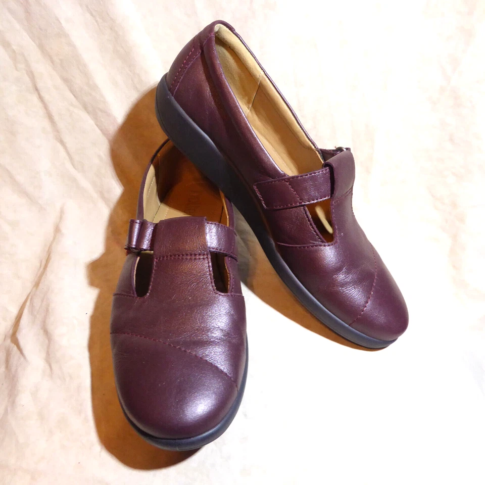 🩰 Lo último Correa en T Comfort Mary Janes 9,5 M Cuero Rojo Borgoña; Marca del Reino Unido; ¡Bonito! Foto 1 de 4