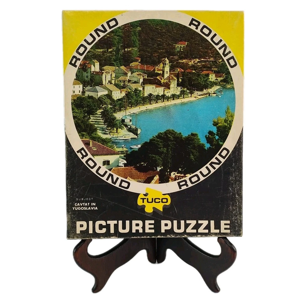 Quebra-cabeça vintage redondo Tuco - Cavat na Iugoslávia 15” diâmetro madeira Upson - Imagem 1 de 4