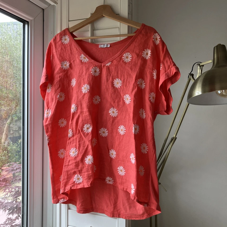 Made In Italy Loose Fit Top Coral/white Linen Mix Worn Once One Size - Image 1 of 4