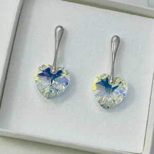 Heart Stud Earring 14mm Aurore Boreale 925 Silver Made With Austrian Crystal - Picture 1 of 8