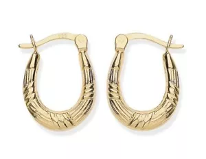 9ct Gold on Silver Oval Creole Earrings - Patterned Hoop - Picture 1 of 5