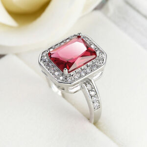 Wedding Gift Rectangle Rose Fire Topaz Gemstone Silver Woman Ring  Size 6-10