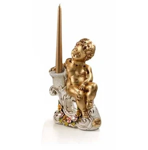 PUTTO ANGELO SEDUTO PORTACANDELA CON FIORI E CRISTALLI FOGLIA ORO SOPRAMMOBILE - Imagen 1 de 1