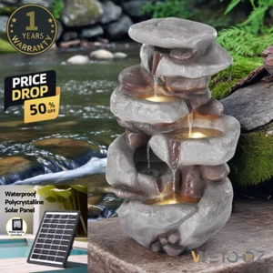 Water Feature Solar Fountain 4-Tier Pot Outdoor Indoor back-up battery LED Brown - Picture 1 of 6