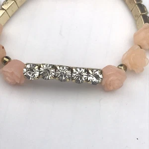 Pink Rose Bracelet Gold Tone Jeweled Fashion Costume Jewelry Rhinestone Stretchy - Picture 1 of 10