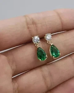 3Ct Pear Cut Simulated Green Emerald Drop Dangle Earrings 14K Yellow Gold Plated - Picture 1 of 5