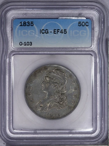 1835 Capped Bust Half Dollar 50c O-103 ICG EF45 XF45 Cover