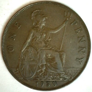 1930 Great Britain 1c Coin George V Ruler UK Bronze Penny Extra Fine Circulated - Picture 1 of 2