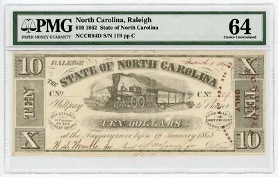 1862 Cr.84D $10 The State of NORTH CAROLINA Note w/ TRAIN - PMG CU 64 - Image 1 of 2