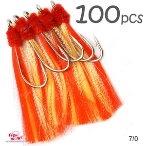 100 Stück 7/0 Angeln Garnelen Fliegenhaken Krystal Flash Rockfish gelb rot unrigged - Bild 1 von 5