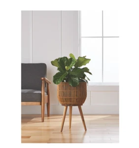 13" Round Brown Resin Rattan Planter Pot with Stand & Acacia Wood Legs - Picture 1 of 6