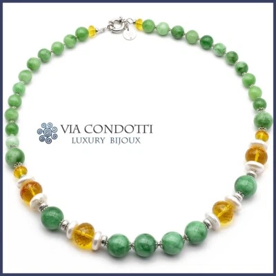 Collana in Giada Verde Citrino e Perle girocollo pietre dure naturali e argento - Immagine 1 di 4