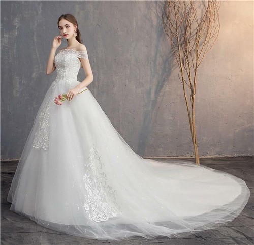 OFF WHITE Abito da sposa pizzo ricamo lungo treno abito da sposa spalle scoperte