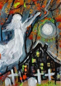 ORIGINAL ACEO Halloween CEMENTERIO Alma Fantasma Árbol Otoño Otoño Espíritu ATC ARTE - Imagen 1 de 1