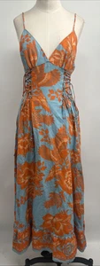 Farm Rio Women's Sleeveless Lace Garden BLUE Orange MIDI Dress Size Small - Picture 1 of 18