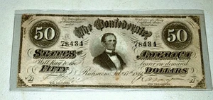 1864 $50 DOLLAR BILL, THE CONFEDERATE STATES OF AMERICA, RICHMOND - Picture 1 of 2