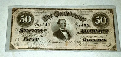 1864 $50 DOLLAR BILL, THE CONFEDERATE STATES OF AMERICA, RICHMOND - Image 1 of 2