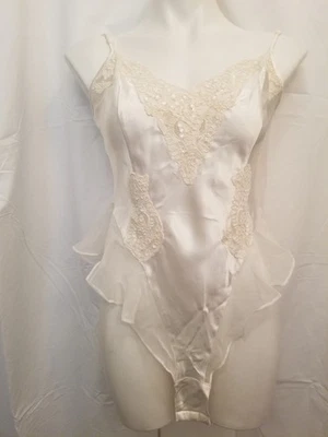 Vintage Victoria Secret NWT Ivory Pearl Bridal Satin Chemise All in One Teddy M - Image 1 of 4